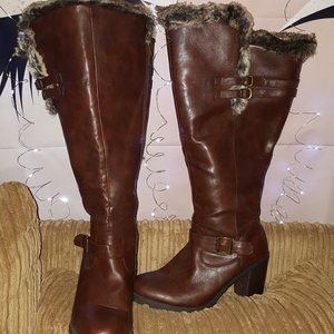 Wide Calf Knee-High Faux Fur Trim Heel Boots